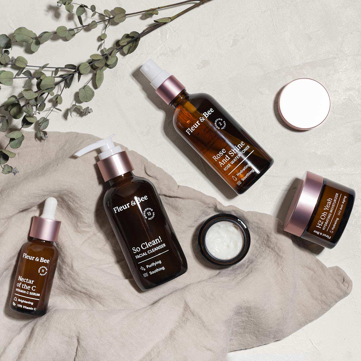 Several clean skincare products by Fleur & Bee