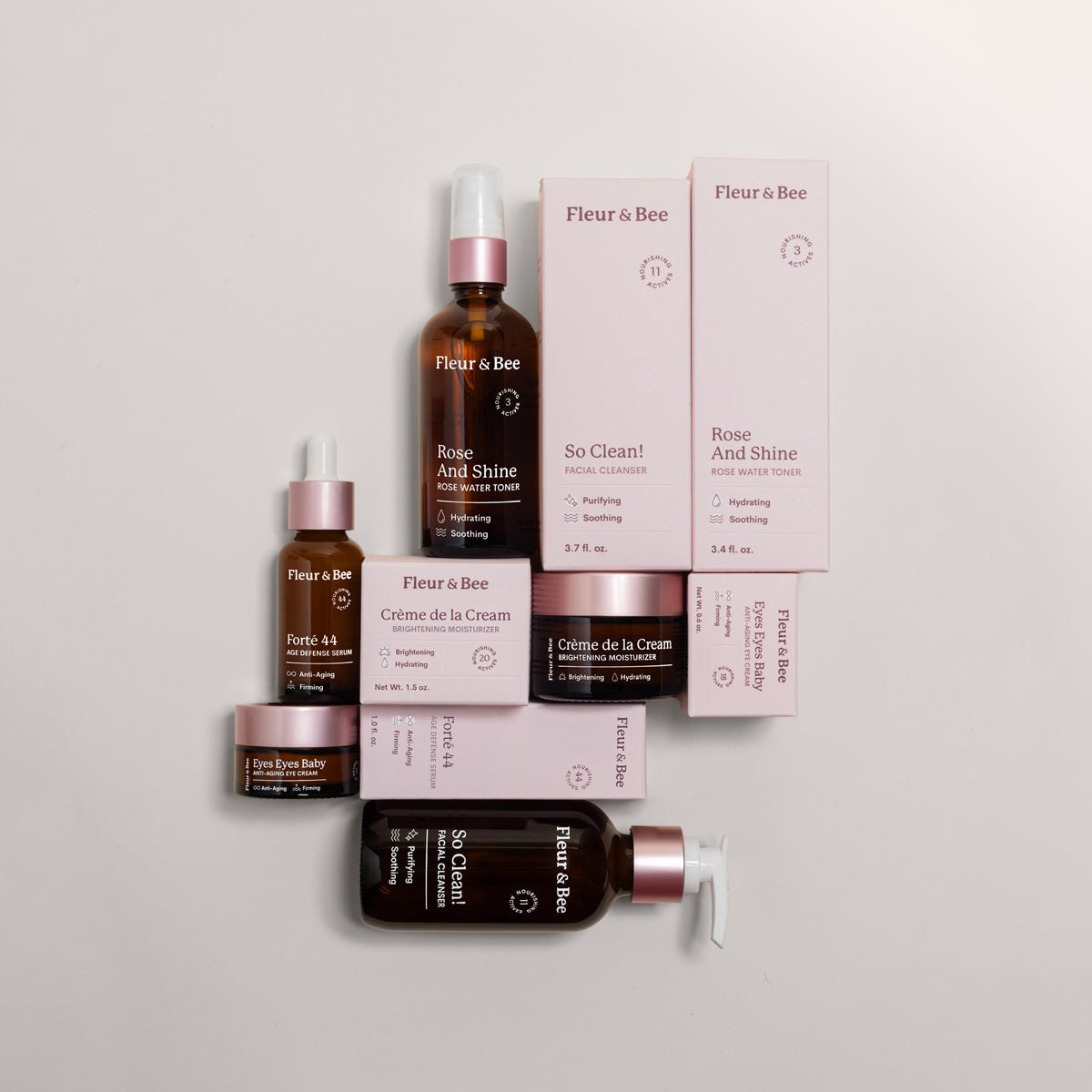 Fleur & Bee skincare products on a light gray background