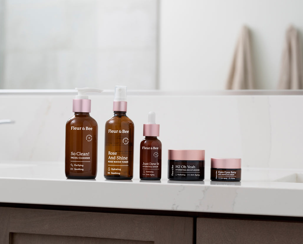 Set of Fleur & Bee skincare products in a bathroom